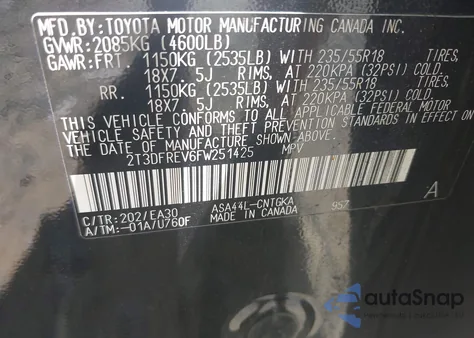 2015 Toyota Rav4 Limited z USA, uszkodzony, nr VIN 2T3DFREV6FW251425